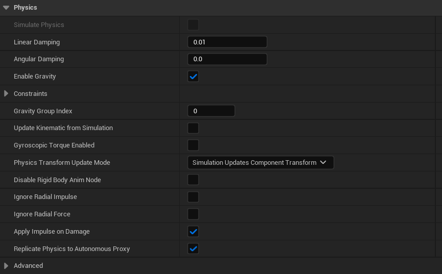 Skeletal Mesh Origin physics settings