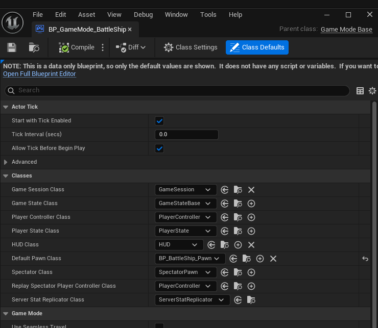 BP_GameMode_BattleShip Class Defaults