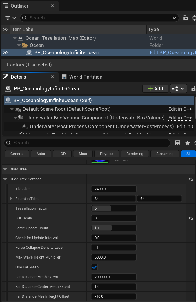 BP_OceanologyInfiniteOcean selection and QuadTree settings