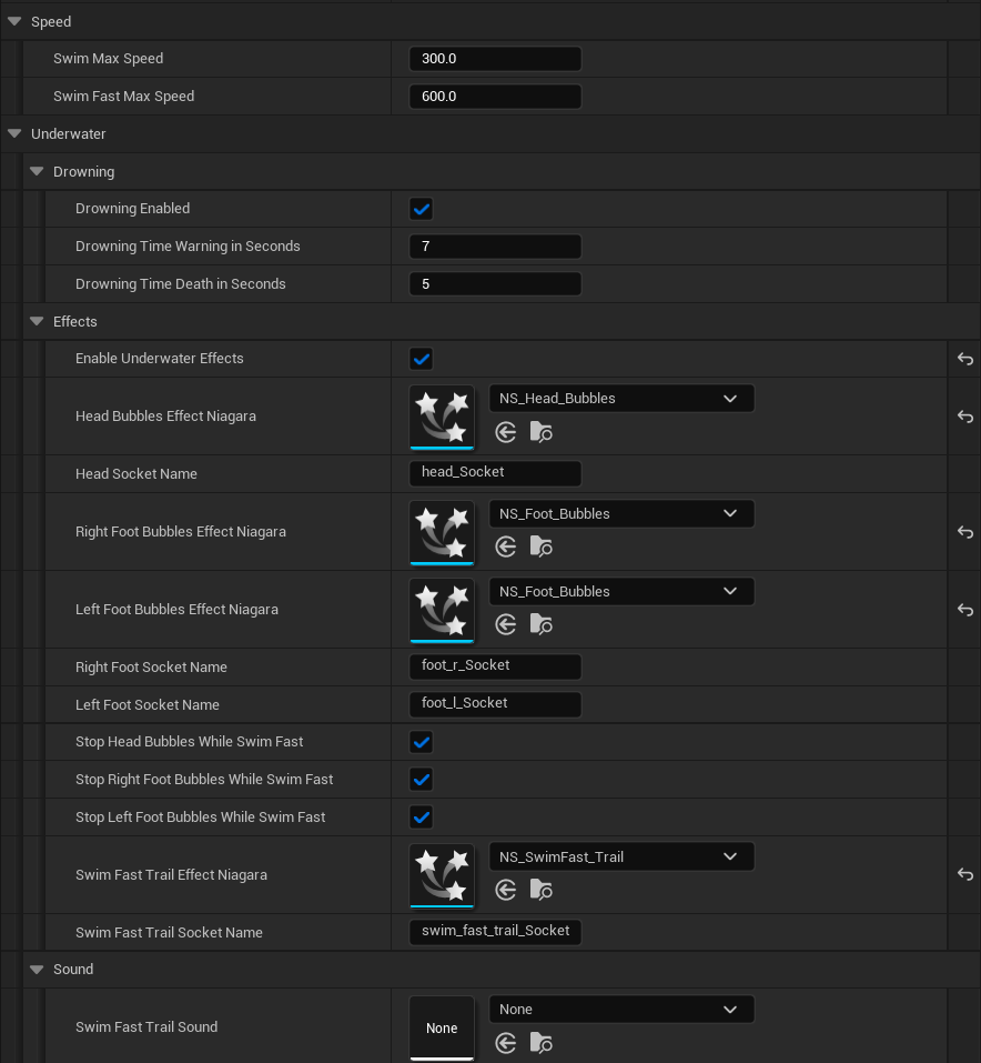 Speed, Drowning, and Effects settings