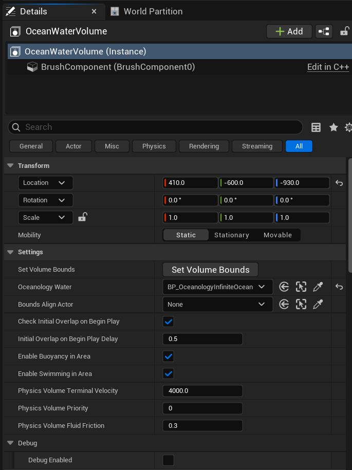 Water Volume Settings
