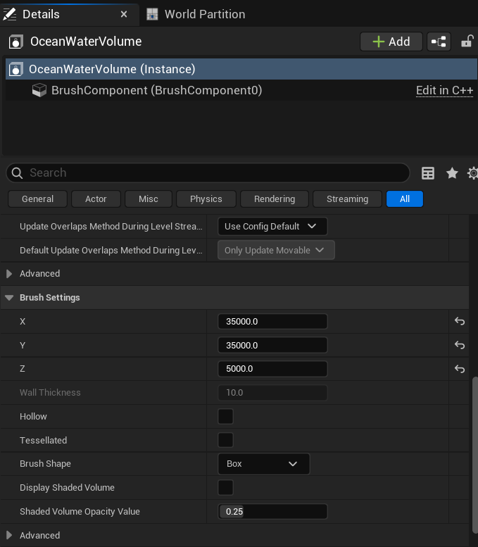 Water Volume Brush Settings
