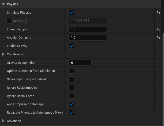 Root component Physics settings