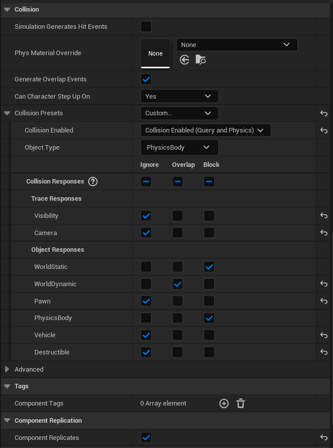 Root component Collision settings