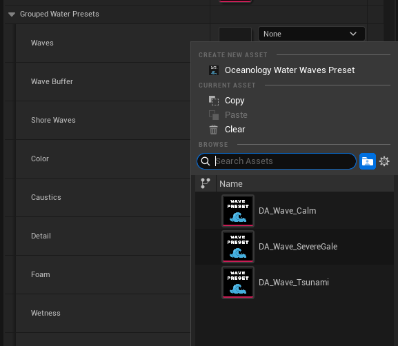 Wave preset picker showing available presets