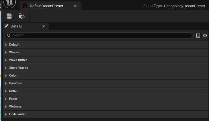 DefaultOceanPreset Data Asset editor