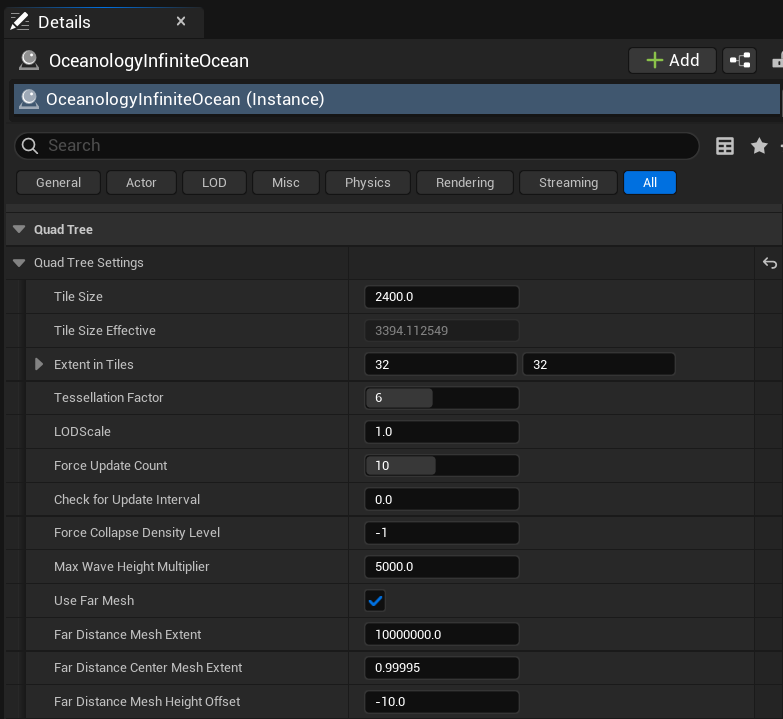 QuadTree Settings panel