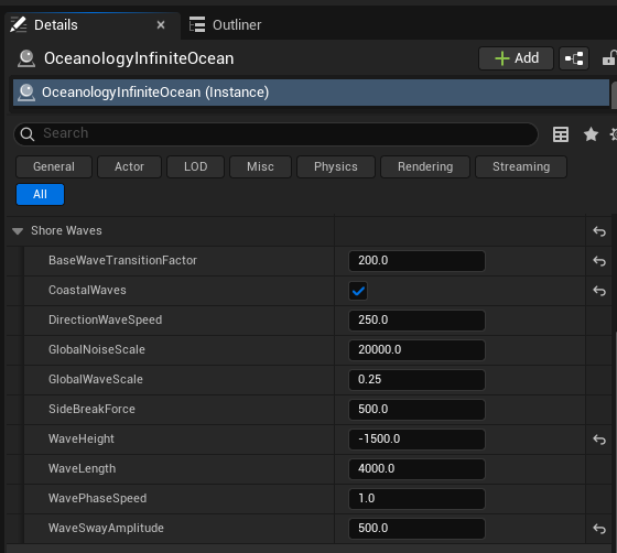 Shore Waves settings in Details panel