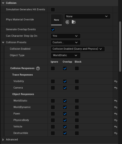 Right hand collision settings