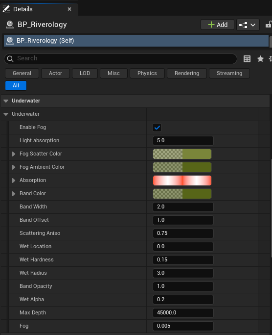Underwater parameters in Details panel