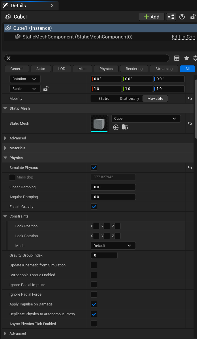 Static Mesh physics configuration
