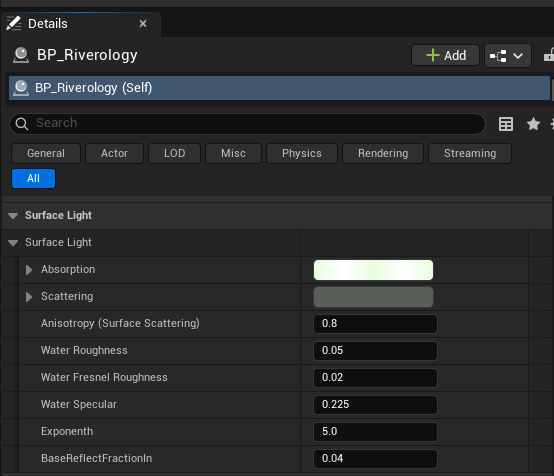 Surface Light parameters in Details panel