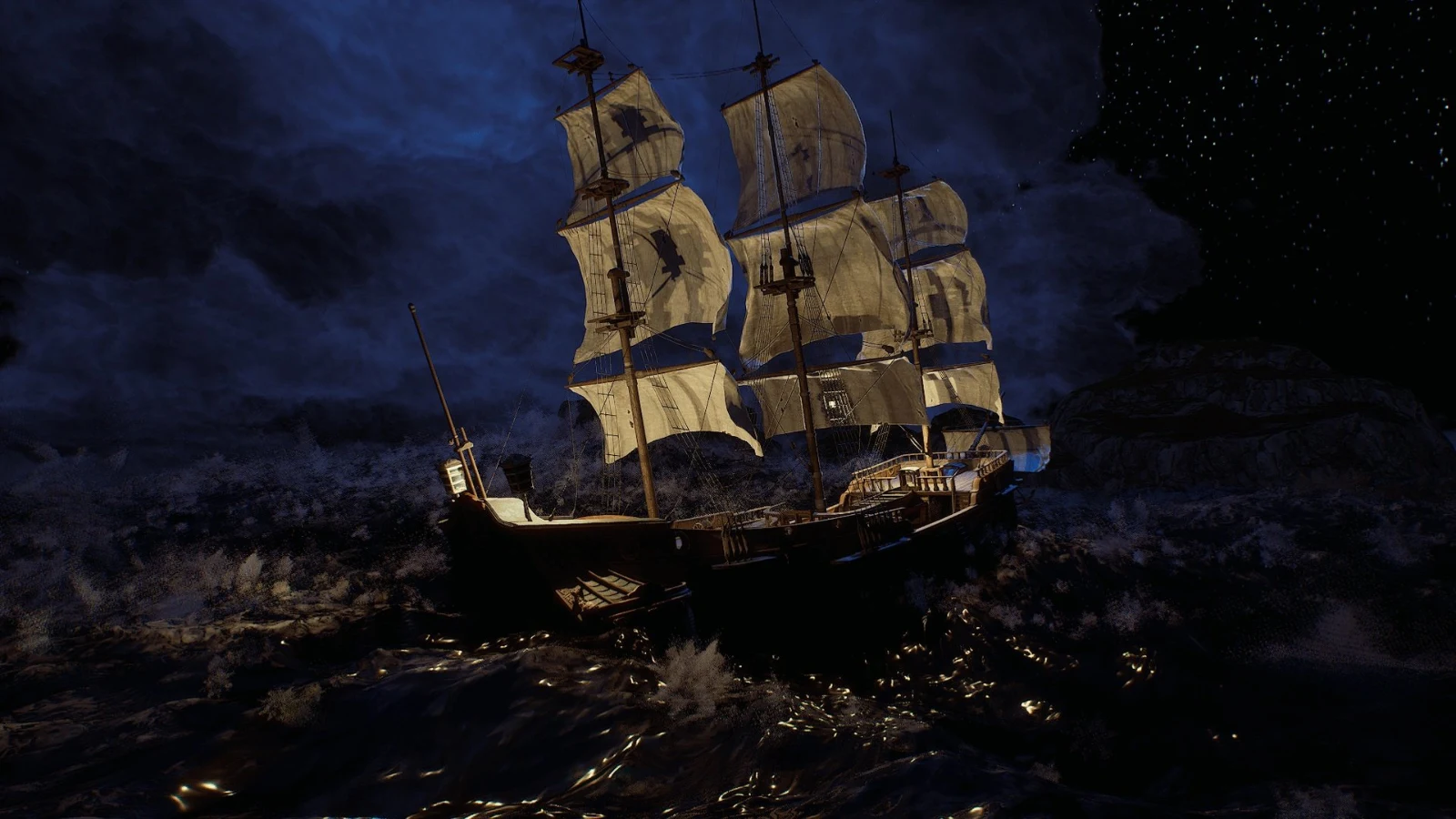 A sailing ship crossing an Oceanology NextGen water scene at night